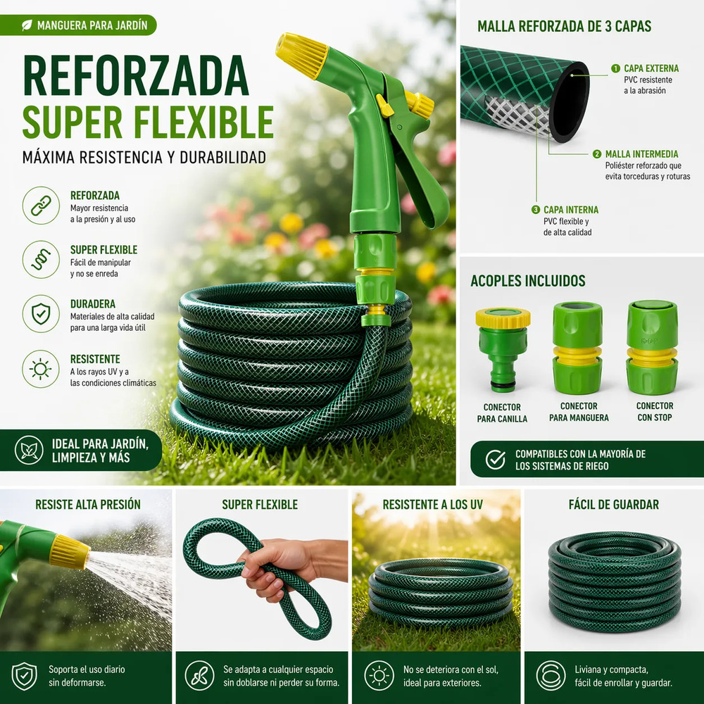 Manguera De Riego 3/4 Trenzada Reforzada X 15mts + Accesorio Verde - Image 2